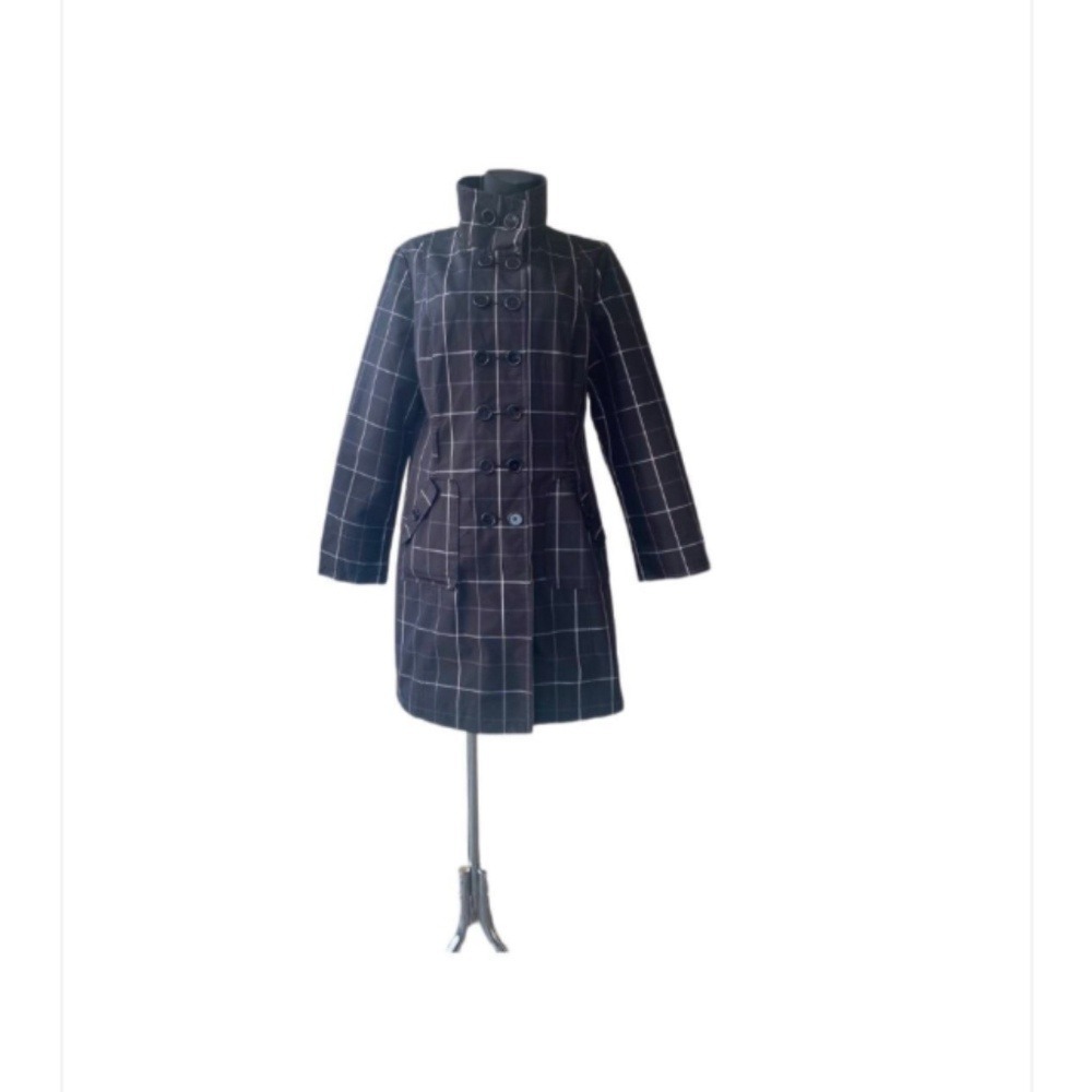 Merona Trench Coat Windowpane Plaid Belted Womens M Black White